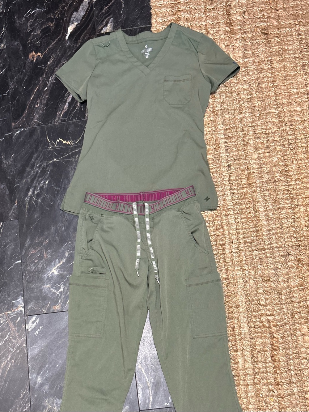 Med Couture touch Olive Green Scrub Top and Cargo Jogger Set XS